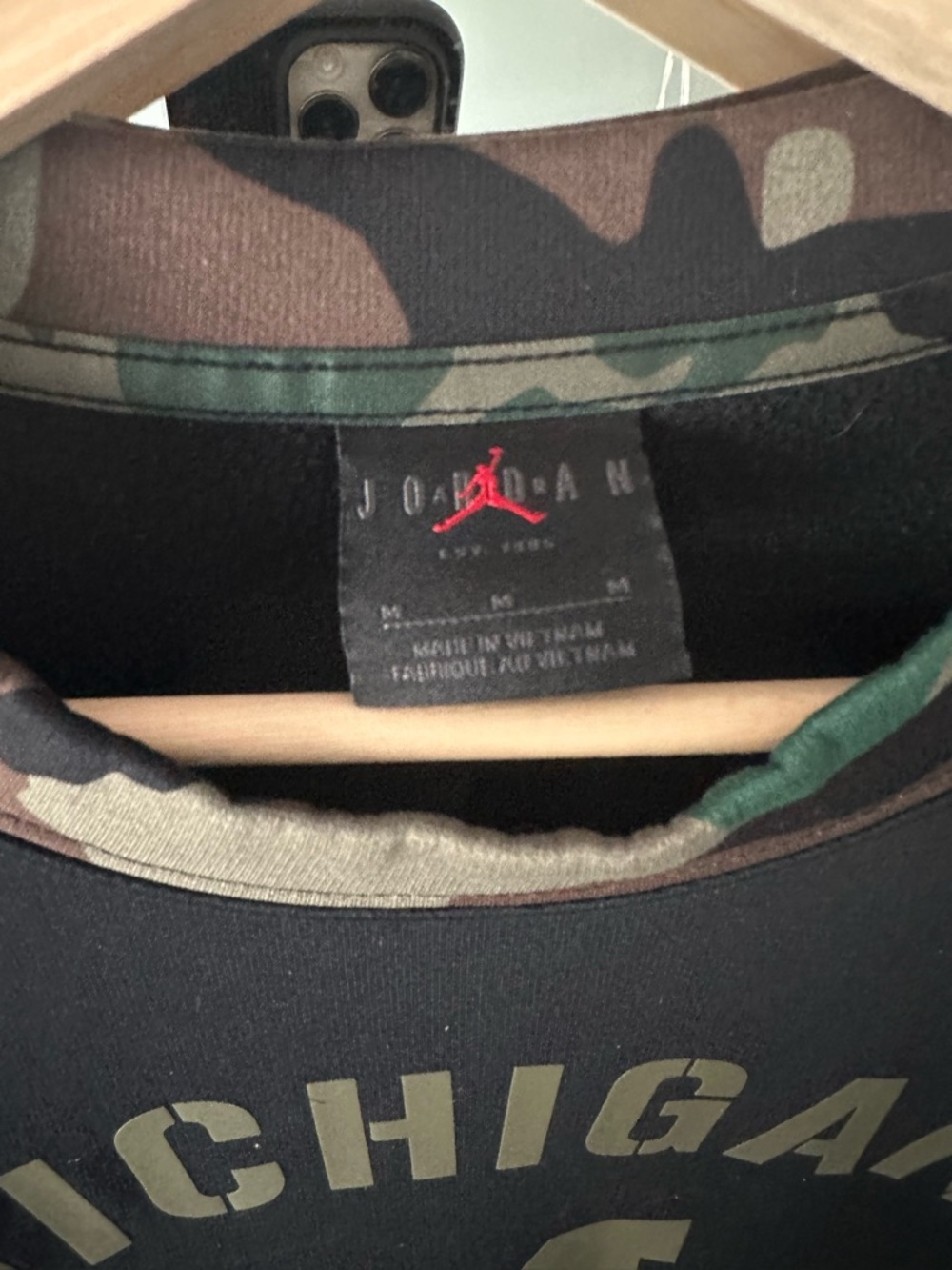 Jordan Men’s Black Michigan Wolverines  Sweatshirt with Olive Camo Trim - Picture 3 of 5